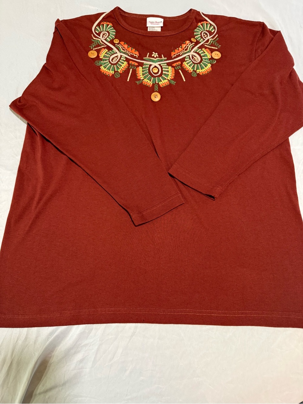 Maggie Barnes Embroidered Neckline Long-Sleeve Top - Burnt Orange